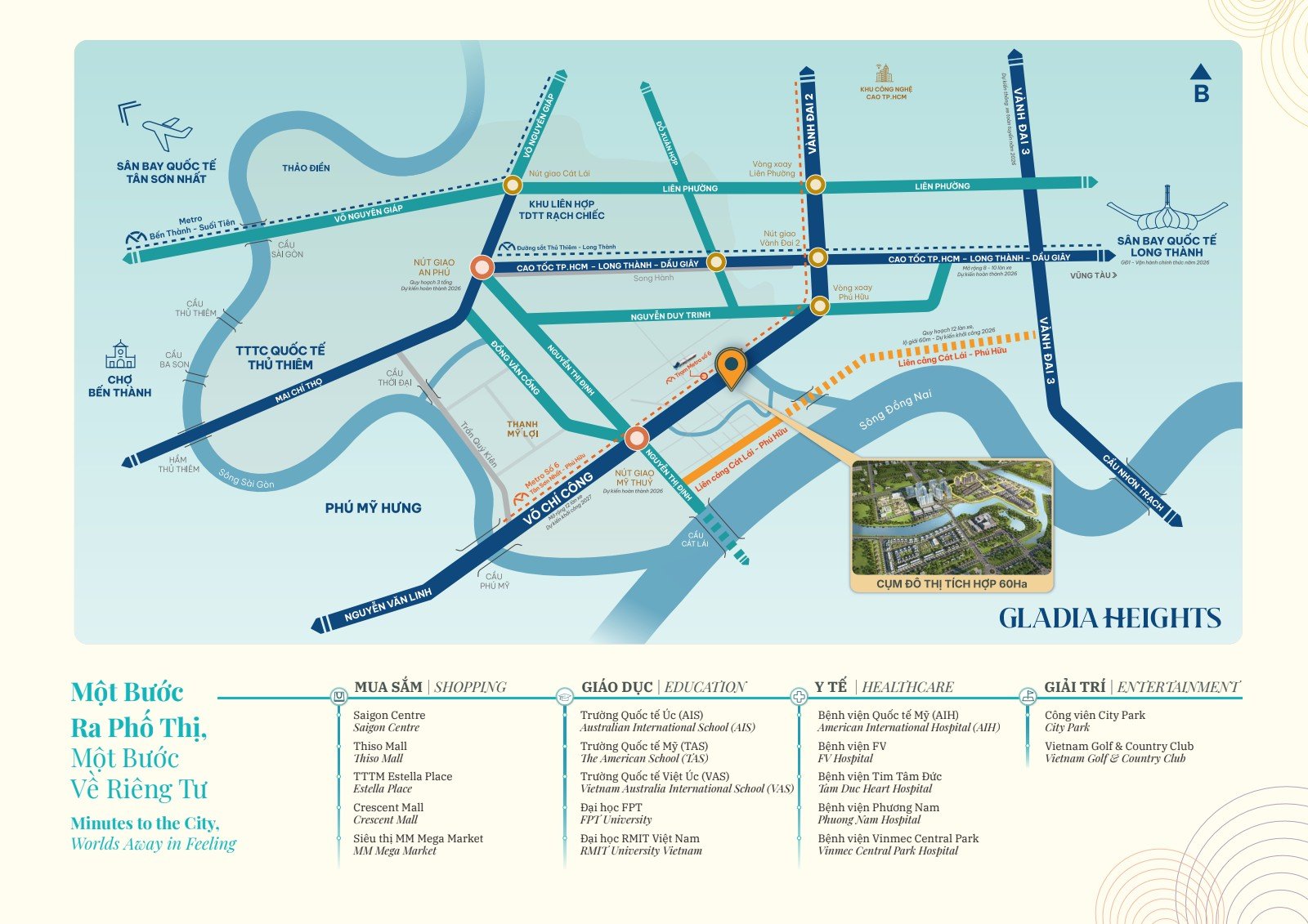 Bản đồ vị trí Gladia Heights mặt tiền Võ Chí Công, kết nối Thủ Thiêm, trường quốc tế, bệnh viện quốc tế