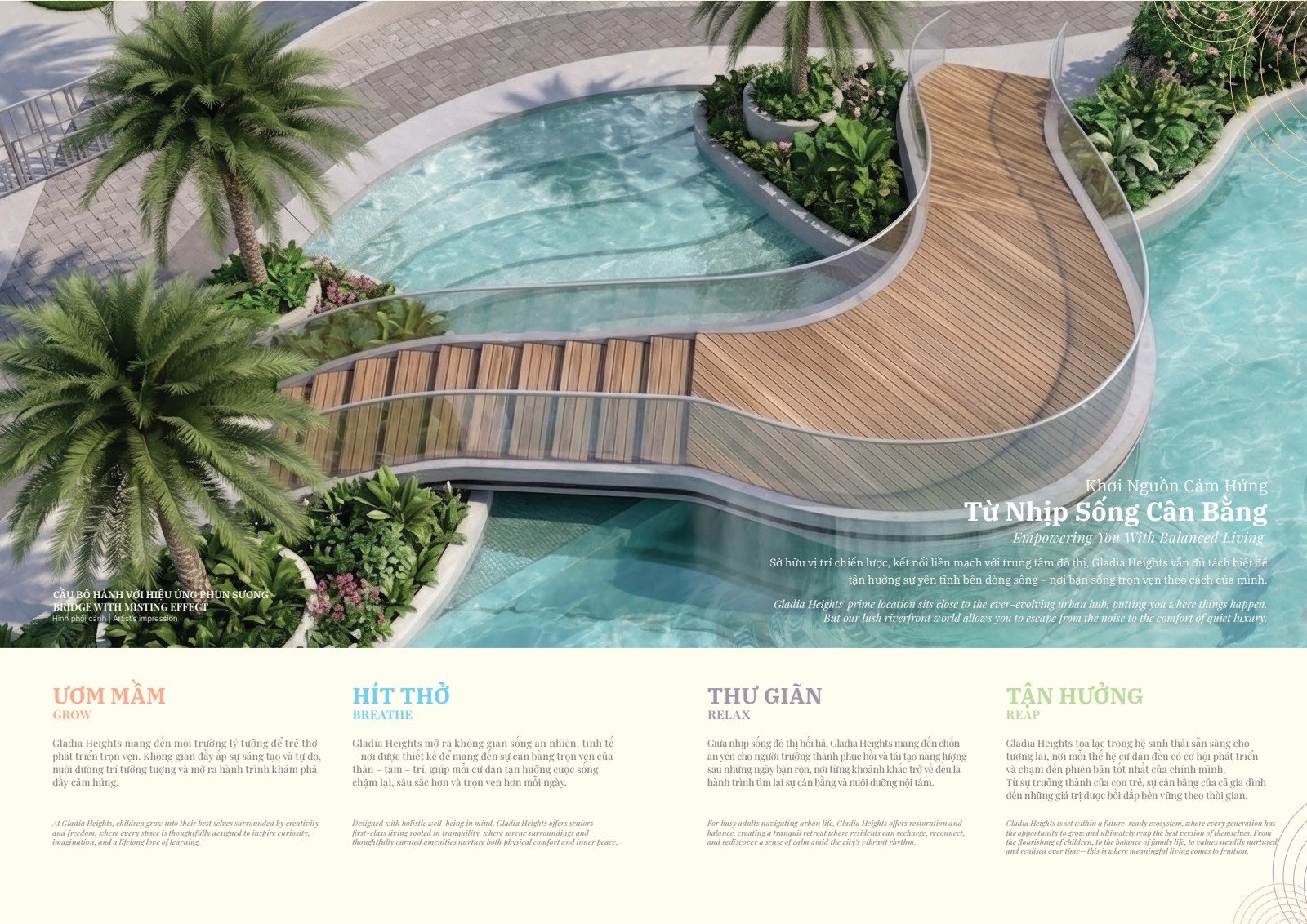 Phối cảnh hồ bơi cảnh quan và cầu bộ hành hiệu ứng phun sương tại Gladia Heights