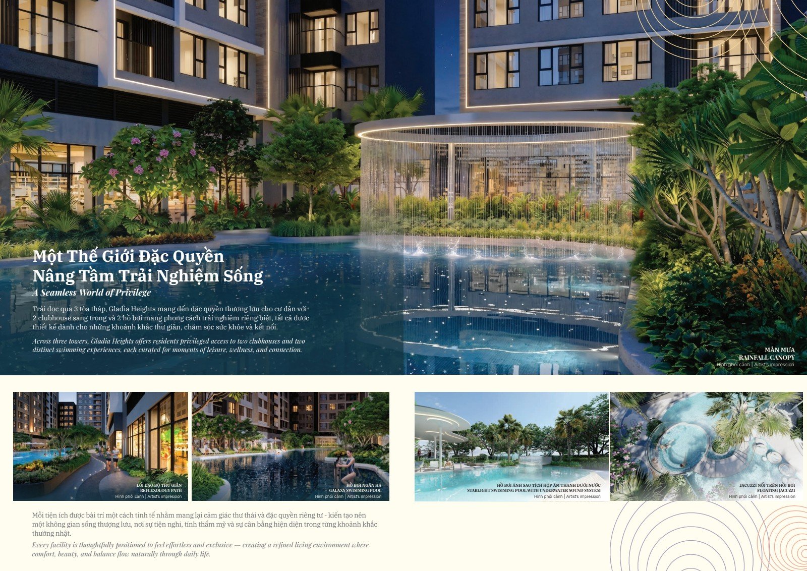 Phối cảnh hệ tiện ích Gladia Heights: hồ bơi Ngân Hà, hồ bơi Ánh Sao âm thanh dưới nước, jacuzzi nổi, màn mưa