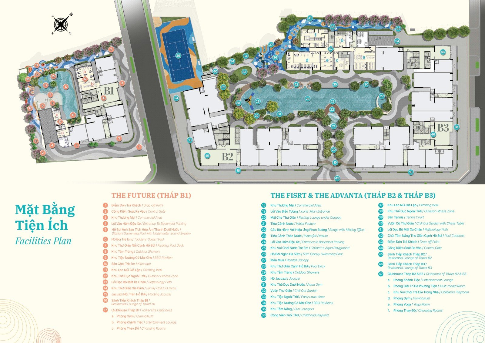 Mặt bằng tiện ích Gladia Heights tháp B1 The Future và tháp B2, B3 The First, The Advanta