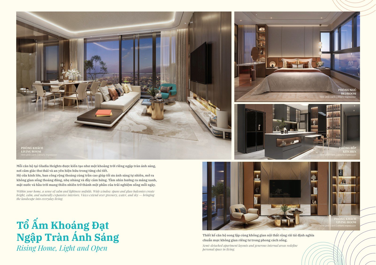 Phối cảnh nội thất căn hộ Gladia Heights: phòng khách trần cao, cửa kính lớn, ban công rộng