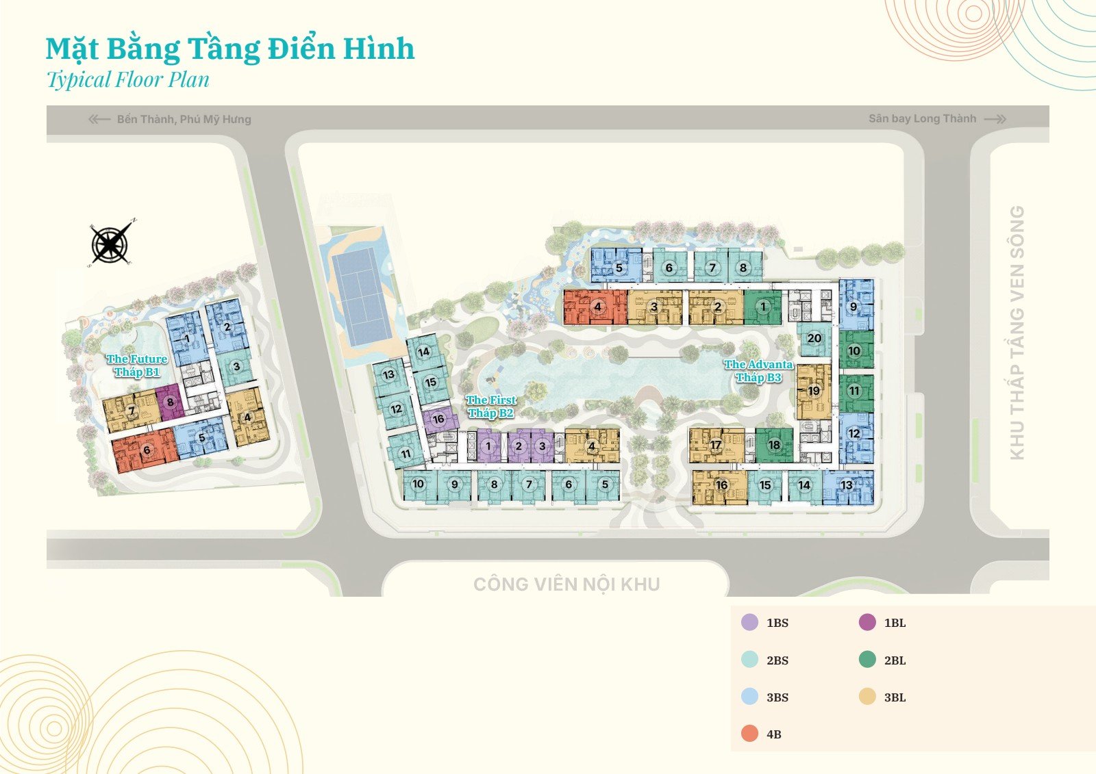 Mặt bằng tầng điển hình 3 tháp Gladia Heights: The Future B1, The First B2, The Advanta B3