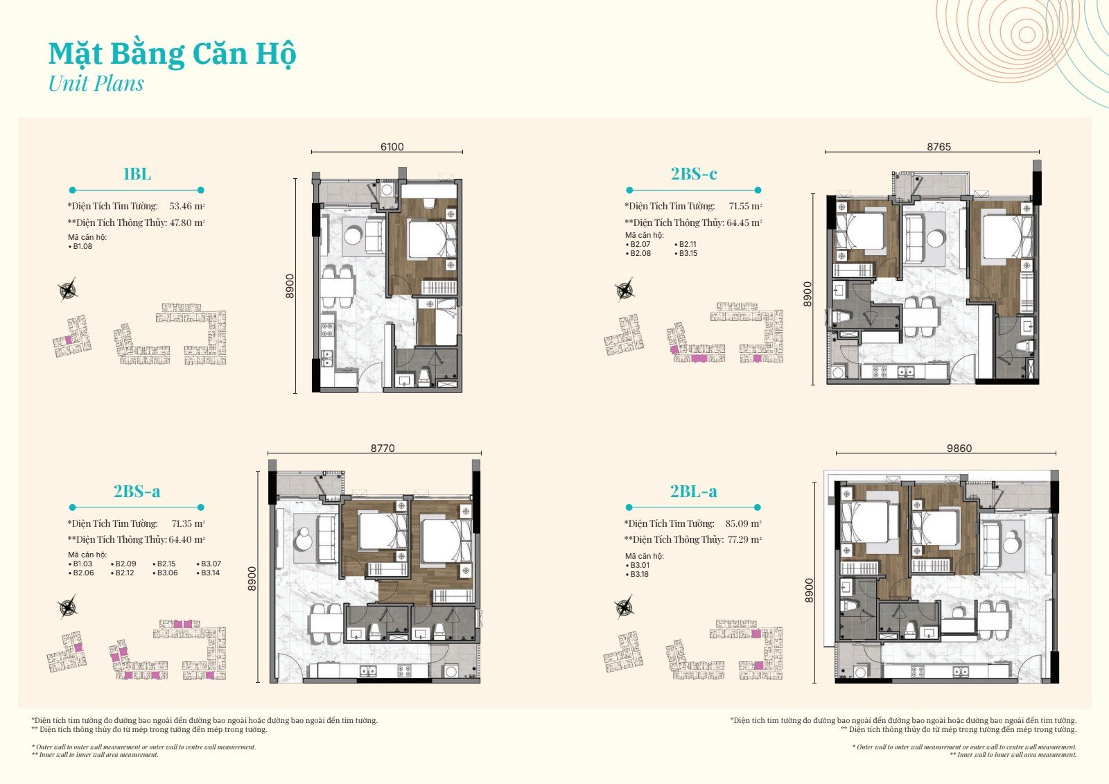 Layout căn 1BL 53,46m² và 2BS-a 71,35m² Gladia Heights kèm diện tích tim tường, thông thủy