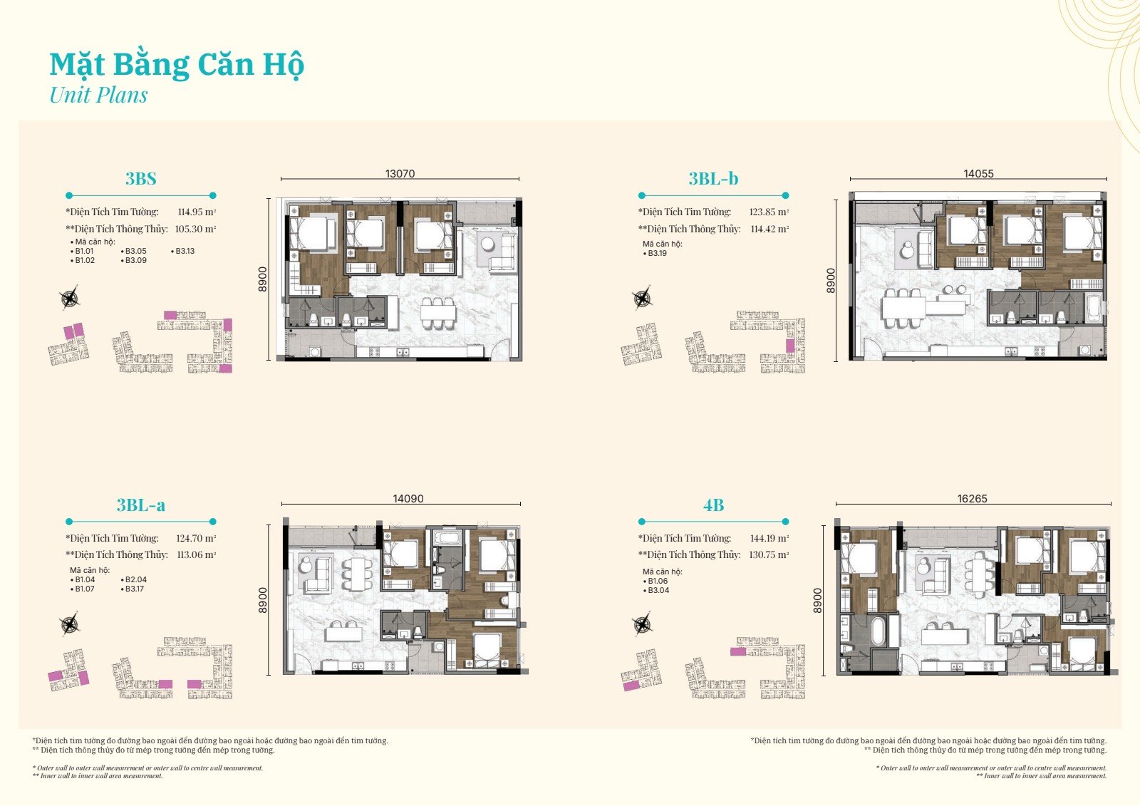 Layout căn 3BS 114,95m², 3BL-a 124,70m², 3BL-b và 4B 144,19m² Gladia Heights