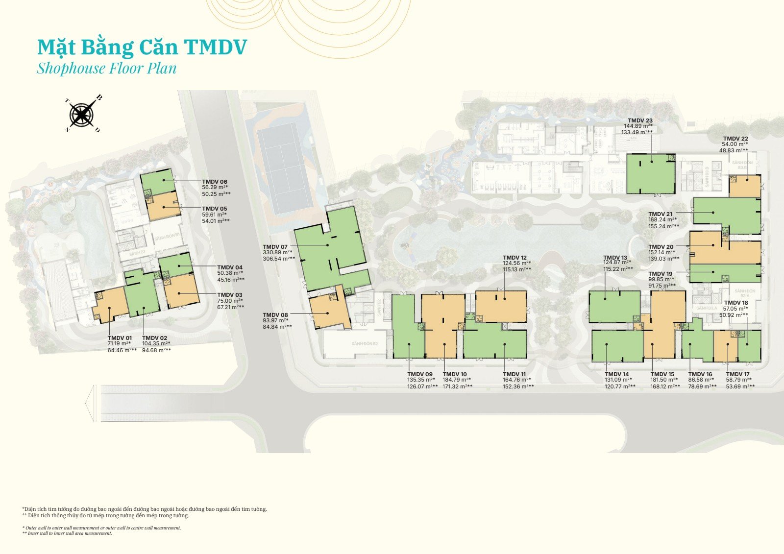Mặt bằng 23 căn thương mại dịch vụ (shophouse) khối đế Gladia Heights, 45–306m²