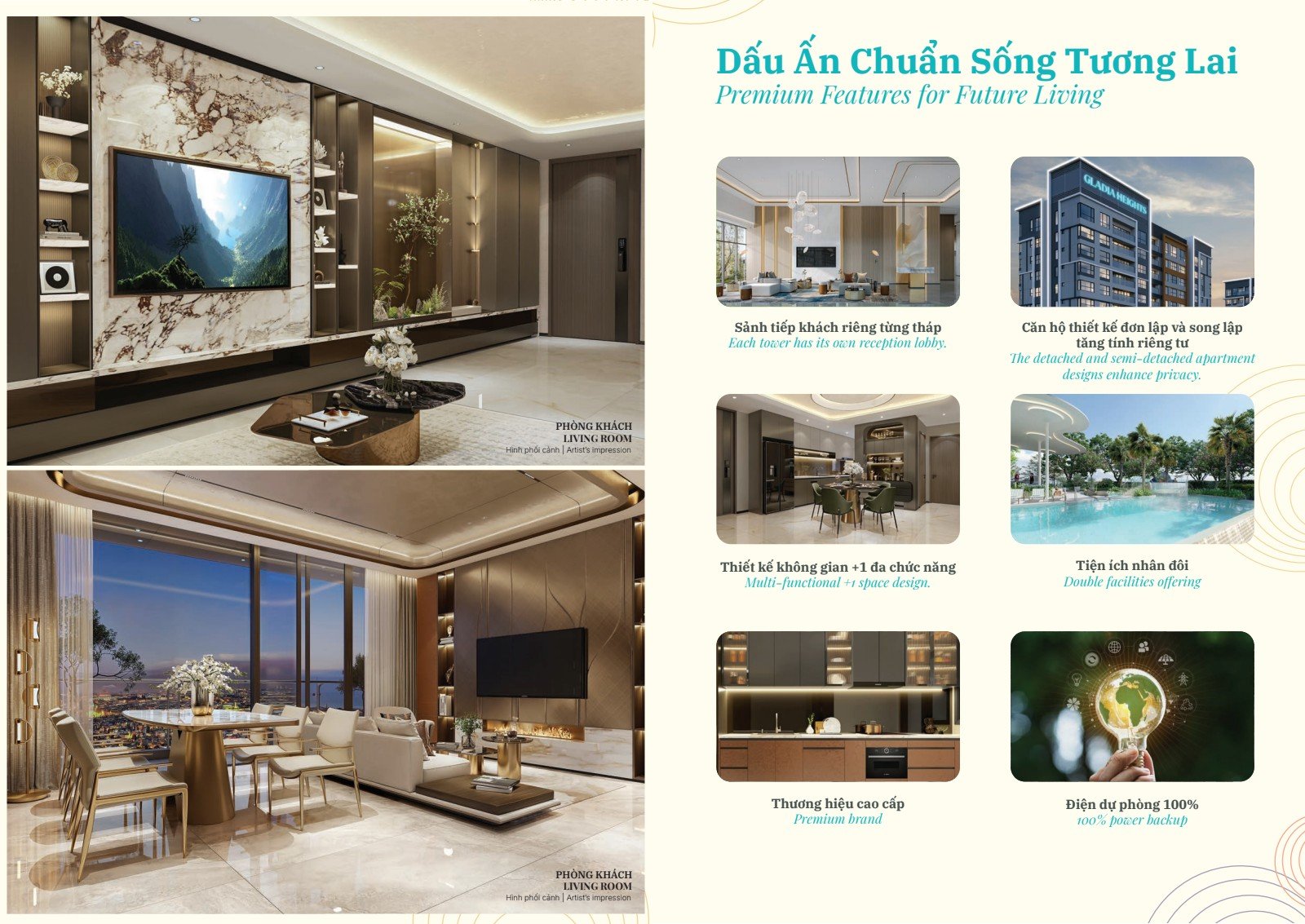 6 điểm nhấn Gladia Heights: sảnh riêng từng tháp, căn hộ song lập, tiện ích nhân đôi, không gian +1, điện dự phòng 100%